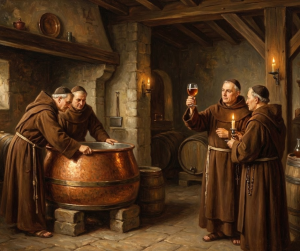 Tranh vẽ cảnh các tu sĩ đang nấu bia thủ công truyền thống trong hầm đá tu viện cổ kính