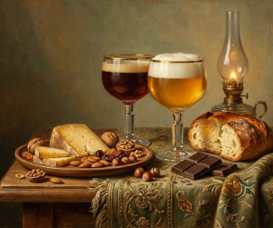 Tranh tĩnh vật nghệ thuật về sự kết hợp giữa bia thủ công, phô mai, bánh mì và các loại hạt tại La Brisa